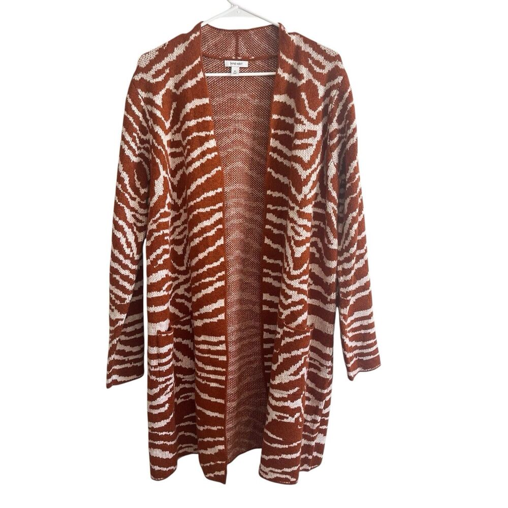 Nine West Jacquard Long Cardigan Zebra Print Sweater Burnt Orange Women XL